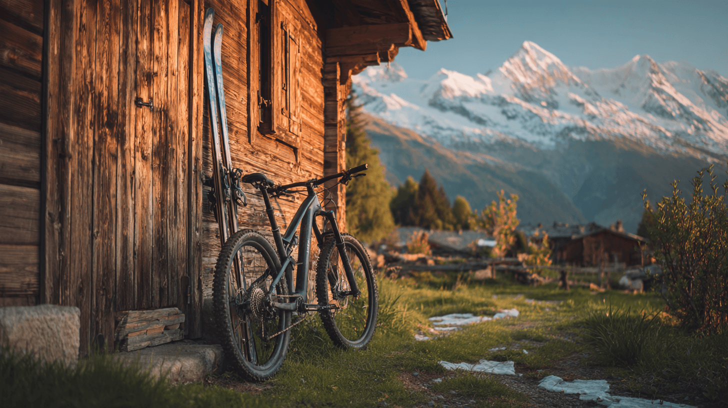Skis and a mountain bike leaning against a timber chalet wall in spring sunshine, with snow-capped peaks and green meadows behind